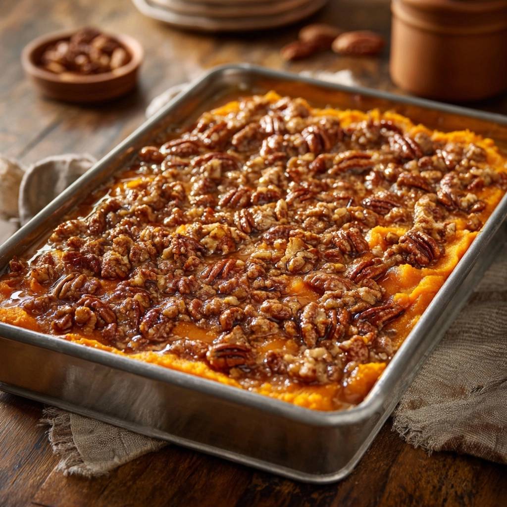 The Ultimate Brown Sugar Pecan Sweet Potato Casserole featuring a close-up of the glistening pecan and brown sugar topping.