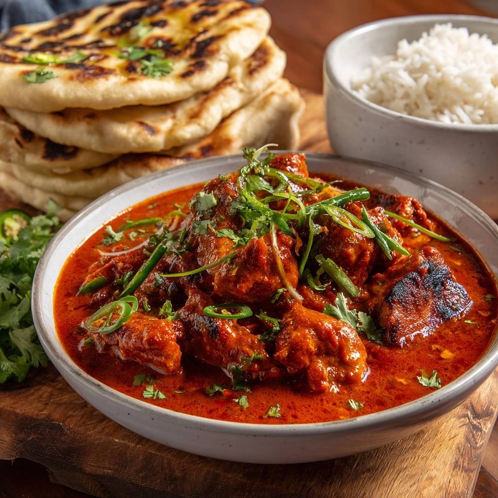 Authentic butter chicken tikka with velvet sauce served in a bowl and garnished with fresh cilantro and green chilies.