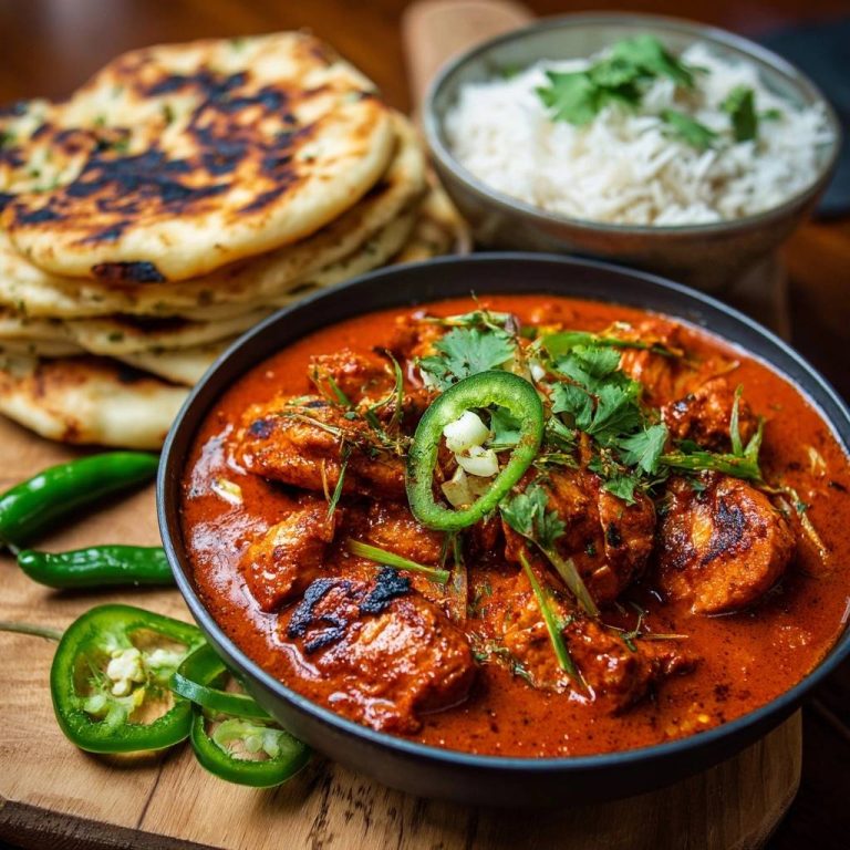 Authentic butter chicken tikka with velvet sauce in a close-up bowl, garnished with jalapeño and cilantro.