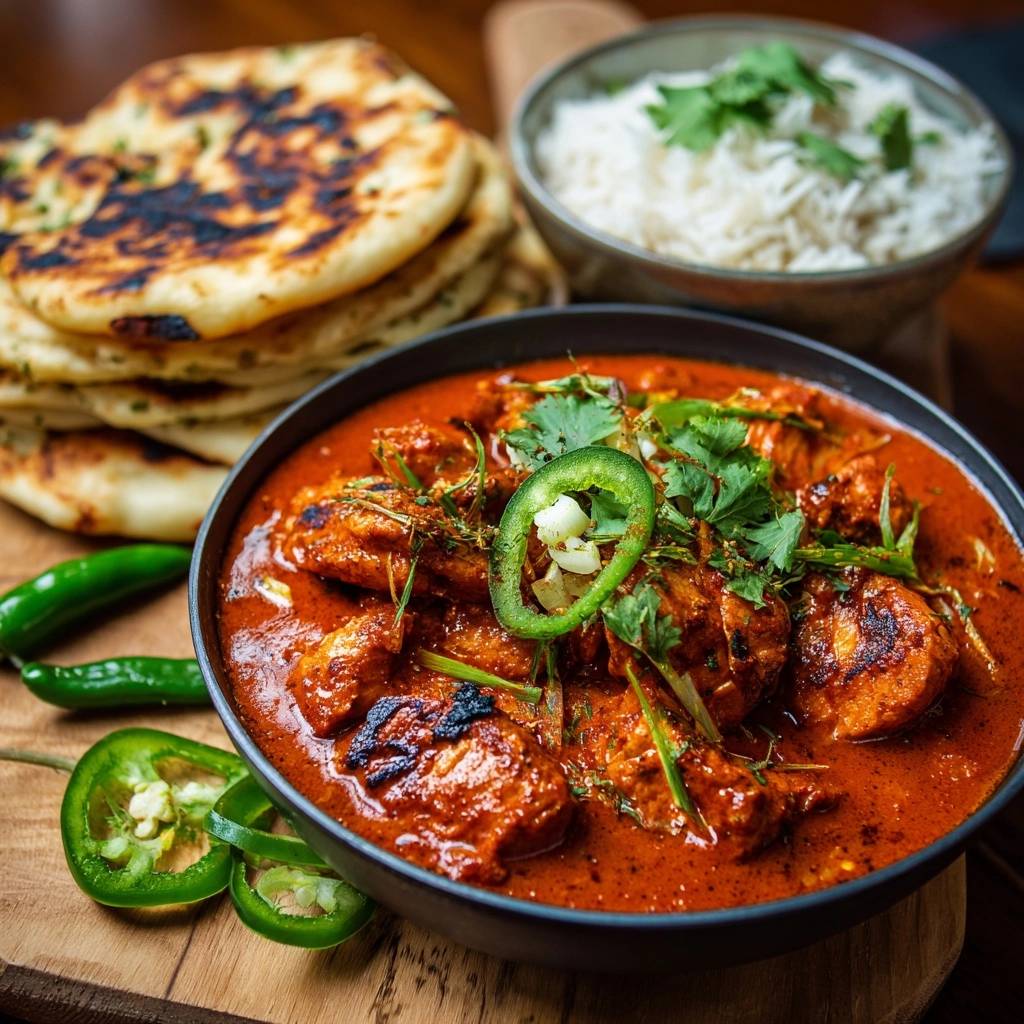 Authentic butter chicken tikka with velvet sauce in a close-up bowl, garnished with jalapeño and cilantro.