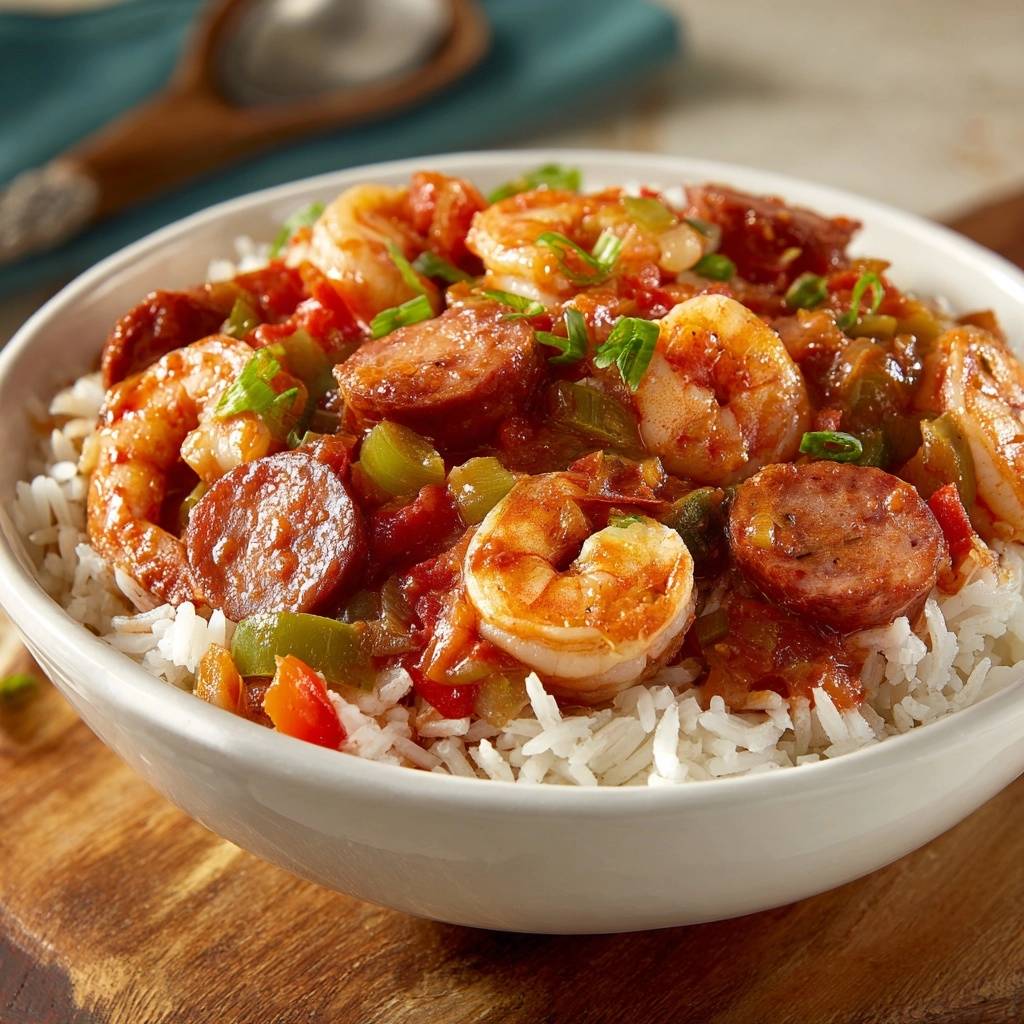 Cajun shrimp and sausage creole served in a white bowl, showcasing tender seafood and rice in a close-up view.
