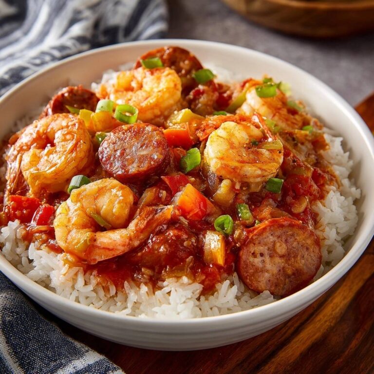 Cajun shrimp and sausage Creole served over rice in a white bowl, a close-up view of the hearty dish.