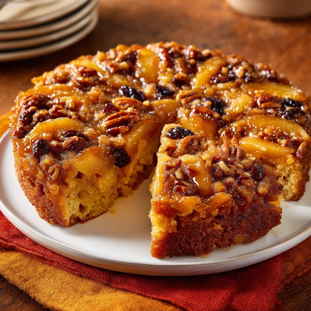 Caramel apple pecan upside-down cake slice detail showing gooey topping and moist crumb.