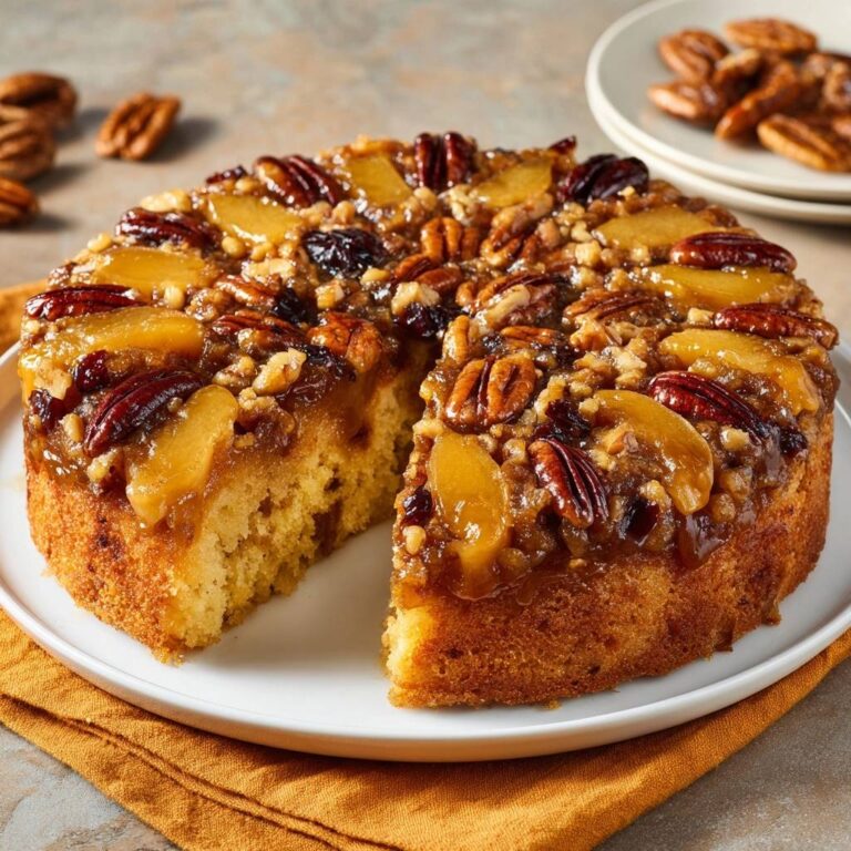 Caramel apple pecan upside-down cake sliced to reveal its moist interior and caramelized topping.