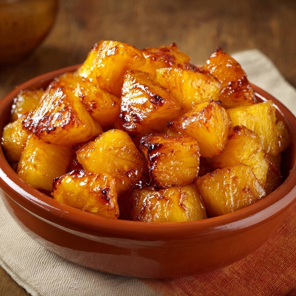Caramelized brown sugar pineapple bites served in a rustic orange bowl, showcasing a sweet glaze.