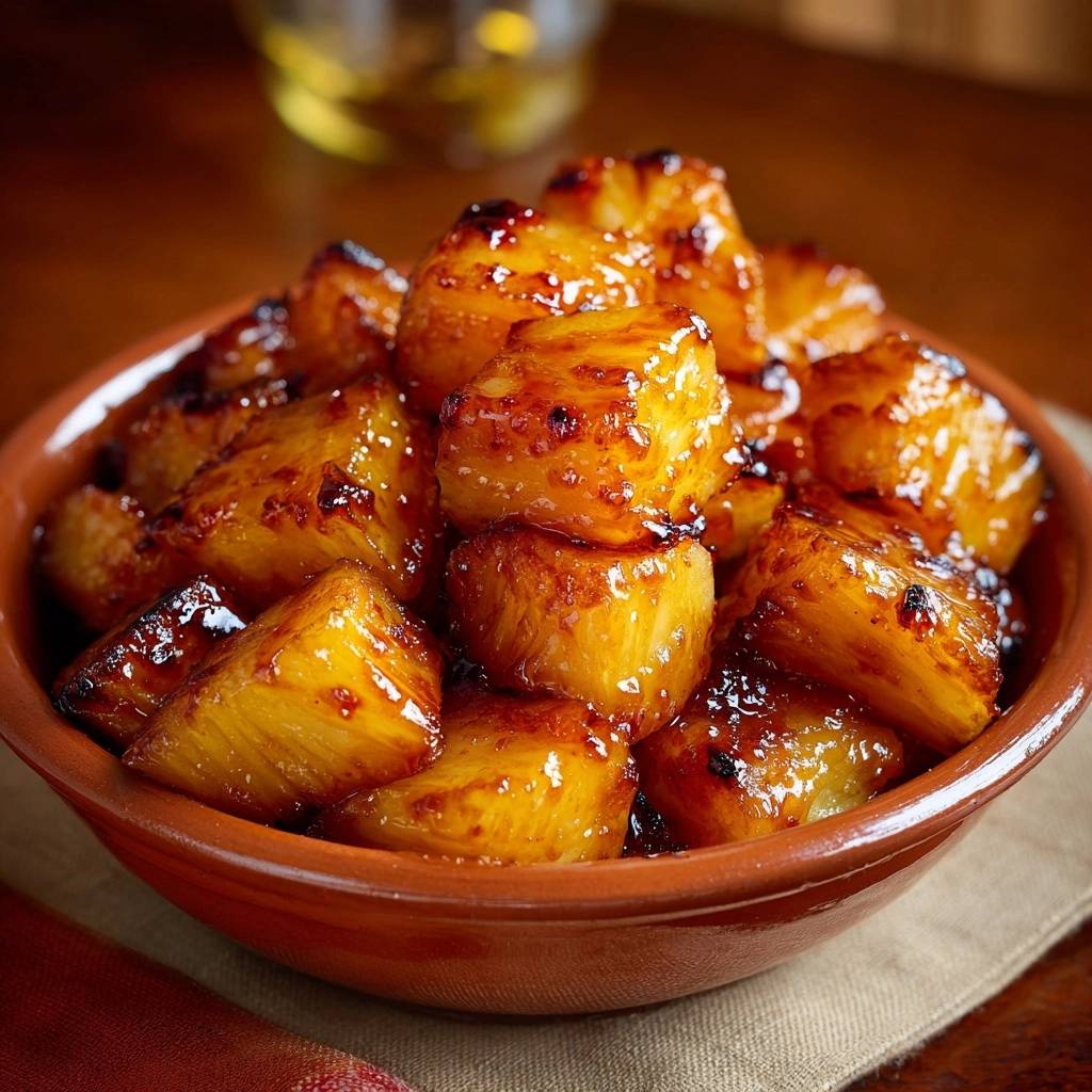 Caramelized brown sugar pineapple bites glistening with a rich glaze, shown in a close-up detail shot.