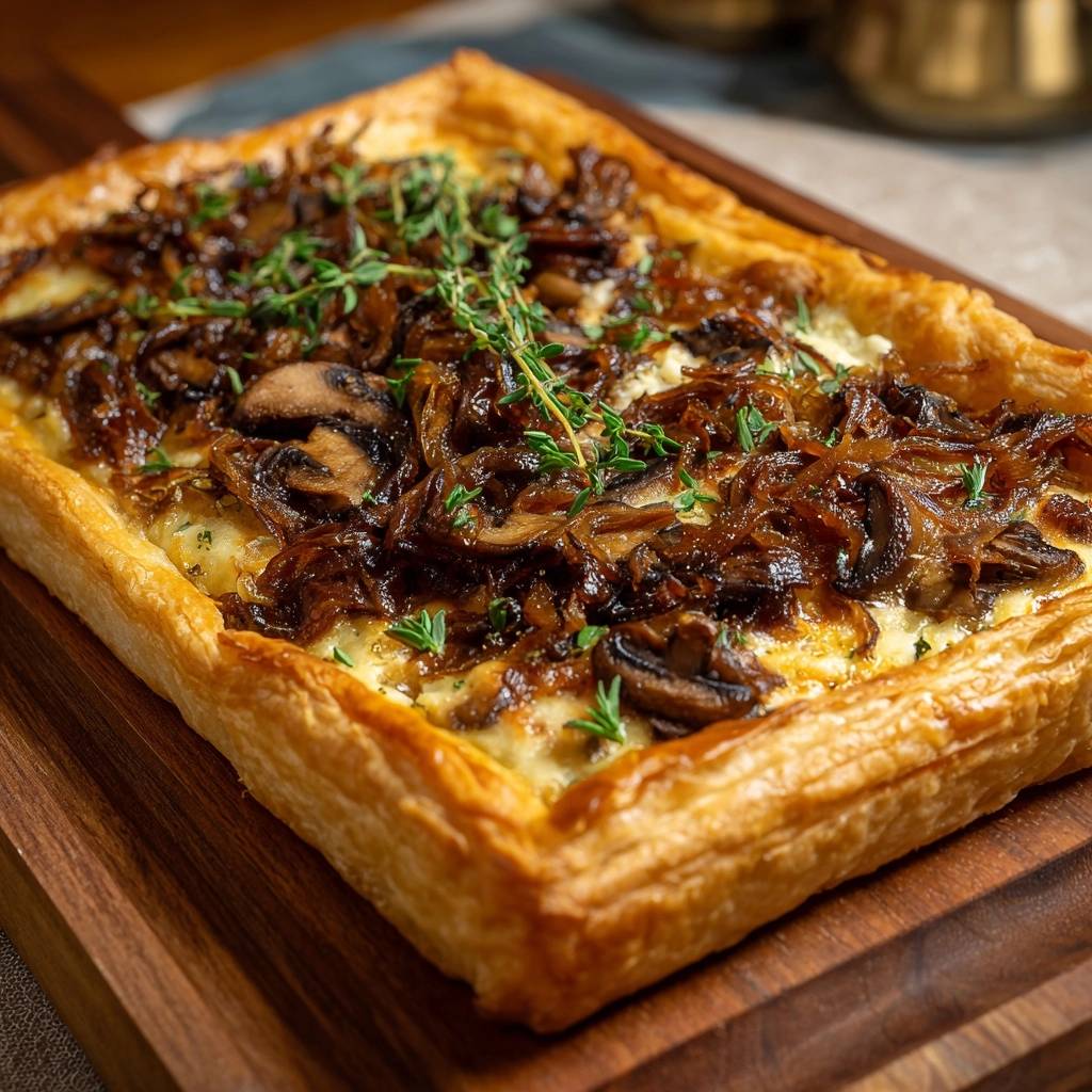 Caramelized onion and mushroom tart with fresh thyme garnish, presented on a wooden board.