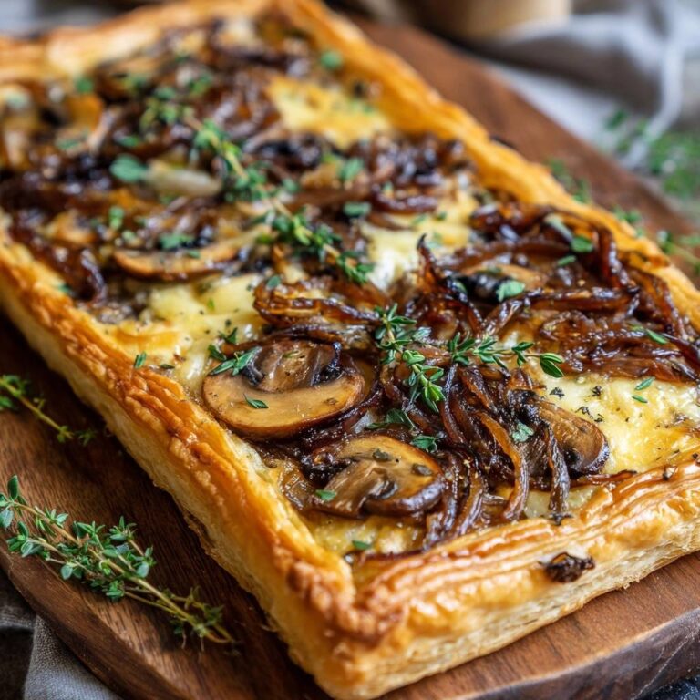 Caramelized onion and mushroom tart close-up showing flaky puff pastry topped with mushrooms and herbs