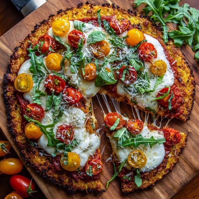 Cauliflower crust Margherita pizza with a slice being pulled, showing melted mozzarella and fresh tomatoes.