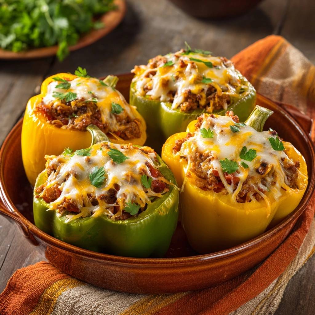 Cheesy beef and rice stuffed peppers served in a rustic bowl, garnished with fresh parsley and topped with melted cheese.
