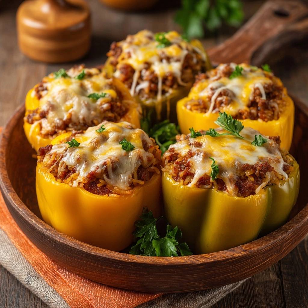 Cheesy beef and rice stuffed peppers arranged in a wooden bowl, garnished with parsley, with a rustic background.