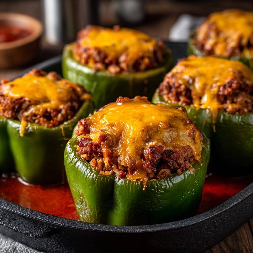 Cheesy beef stuffed peppers with a close-up view of melted, gooey cheese topping in a baking dish.