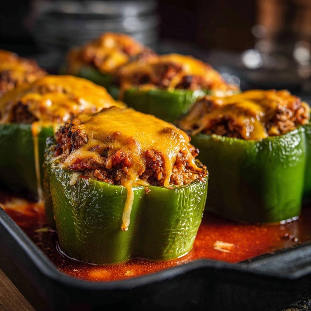 Cheesy beef stuffed peppers close-up showing melted cheddar cheese oozing over the savory filling.