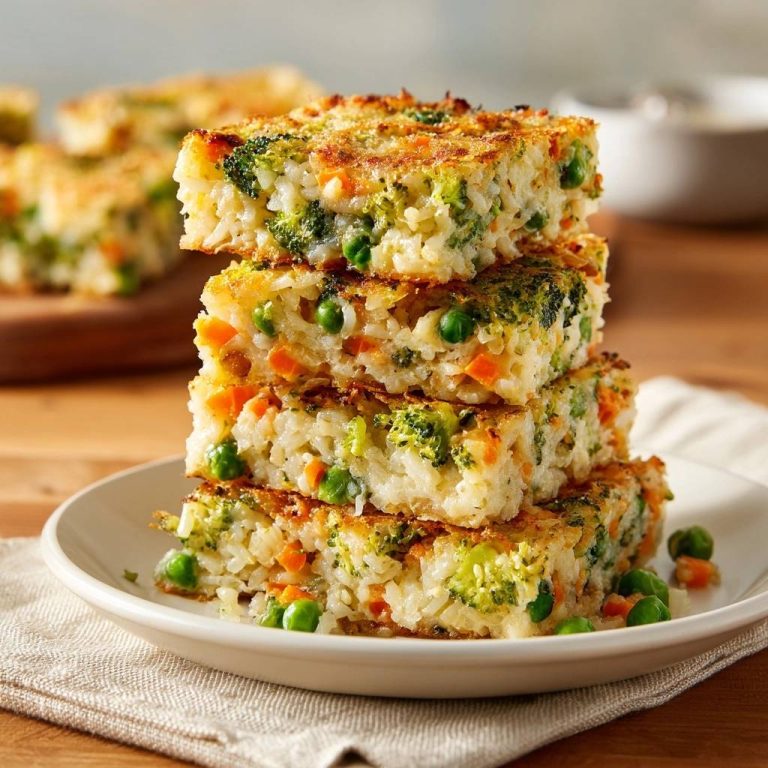 Cheesy broccoli and rice squares are stacked and presented in a close-up cross-section, showcasing the distinct layers of vegetables and rice.