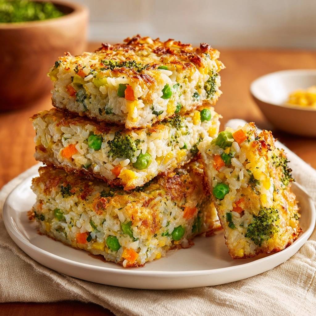 Cheesy broccoli and rice squares shown in a stacked close-up with a slice cut at an angle.