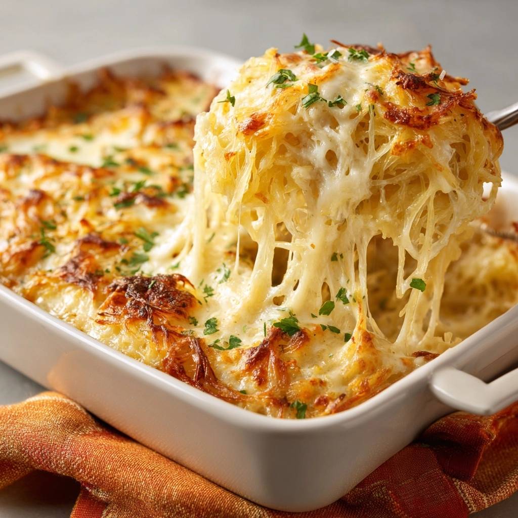 Cheesy garlic spaghetti squash bake with a generous cheese pull as a serving is lifted from the casserole dish.