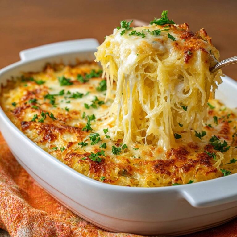 Cheesy garlic spaghetti squash bake with a serving being lifted, showing gooey melted cheese and golden brown topping.