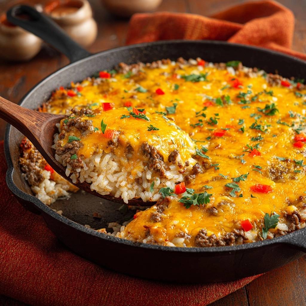 Cheesy ground beef and rice skillet shown in a close-up cross-section as a wooden spoon scoops a portion.