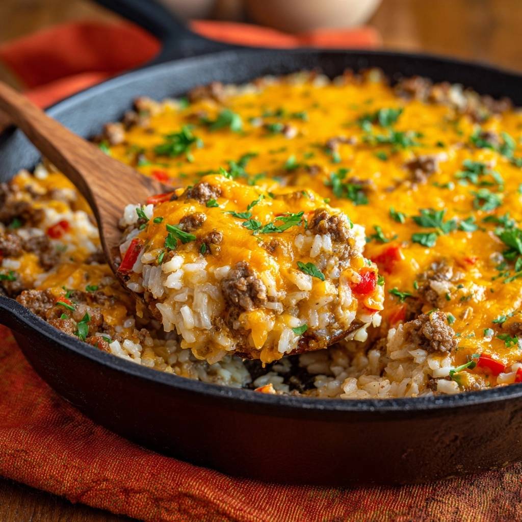 Cheesy ground beef and rice skillet shown with a wooden spoon scooping a portion, highlighting the layers and melted cheese.