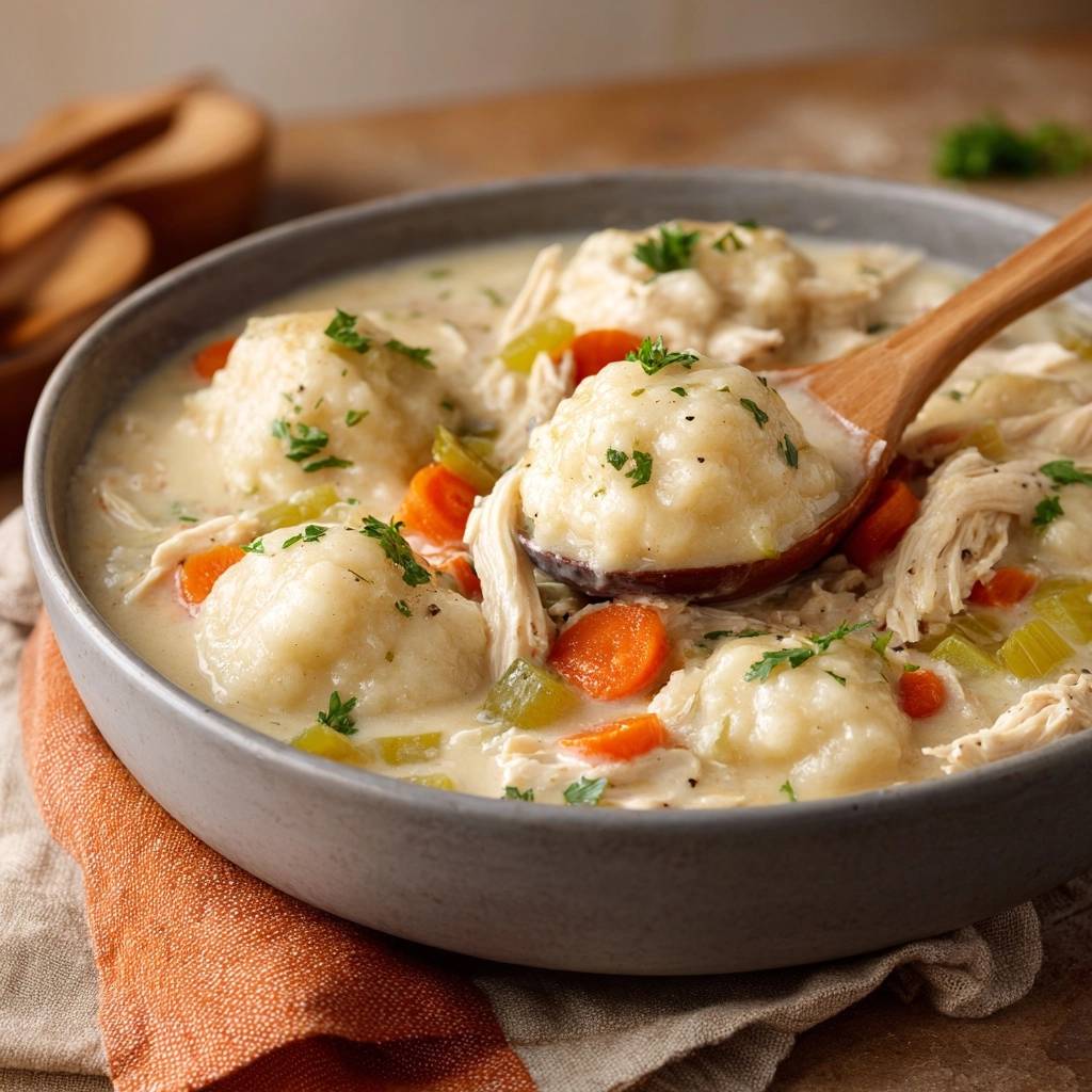 Creamy homemade chicken and dumplings shown in a bowl with a spoonful being lifted, featuring fluffy dumplings and tender chicken.