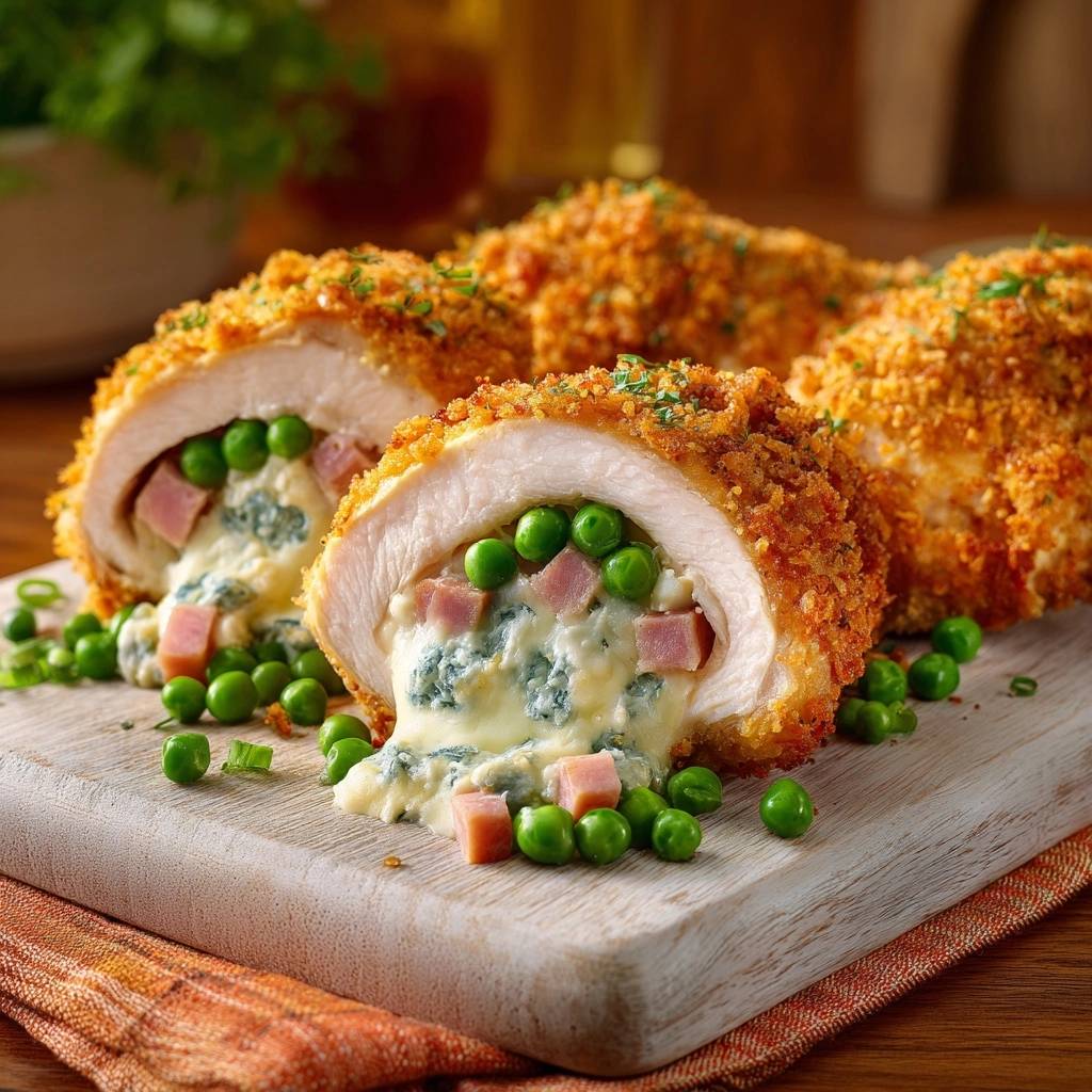 Chicken Cordon Bleu cross-section revealing a gooey cheese filling with ham and peas, served on a wooden board.
