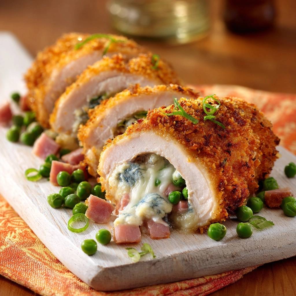 Chicken Cordon Bleu, a close-up cross-section showing the oozy cheese and ham filling inside the breaded chicken.