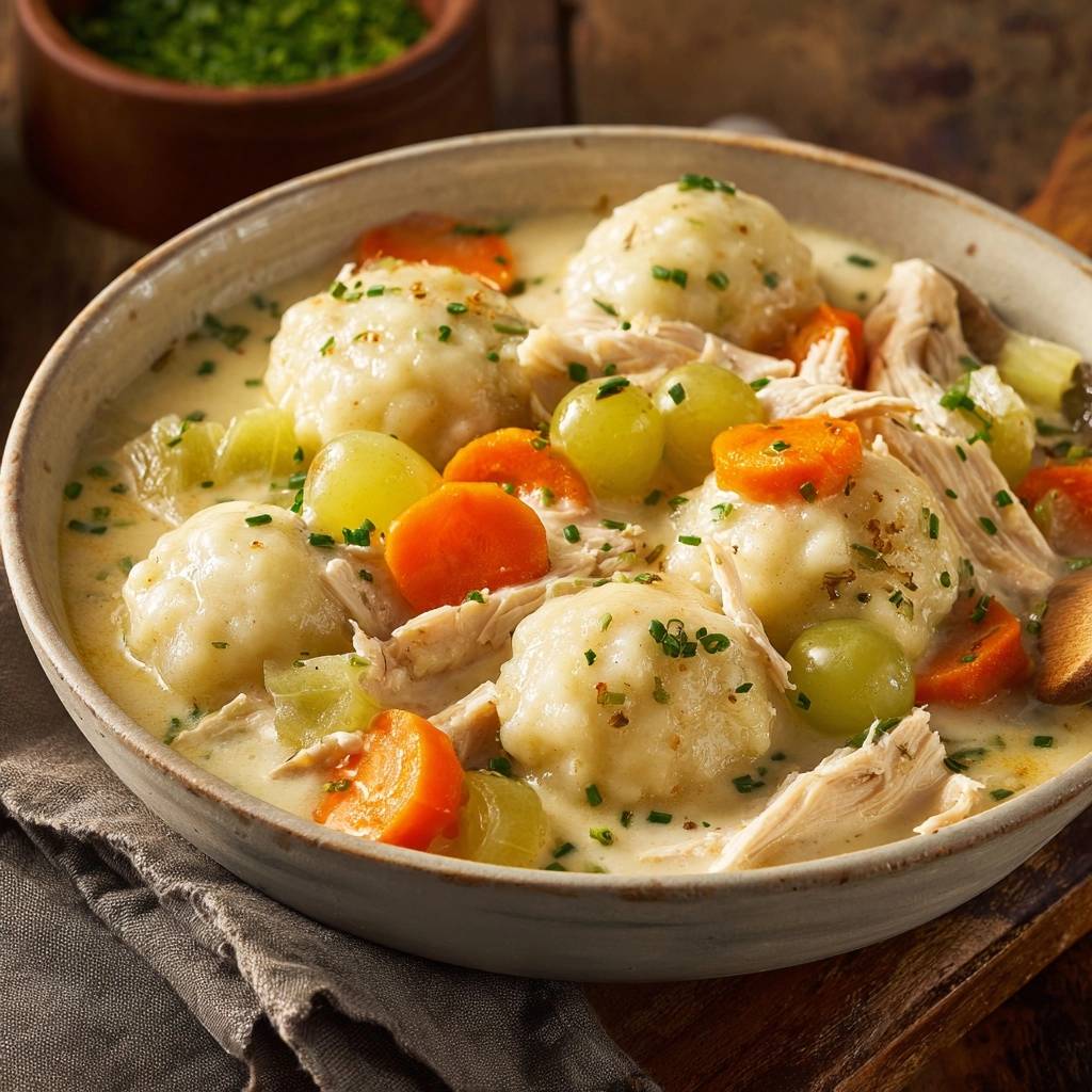 Creamy chicken and dumplings served in a rustic bowl with fluffy dumplings, carrots, and celery.