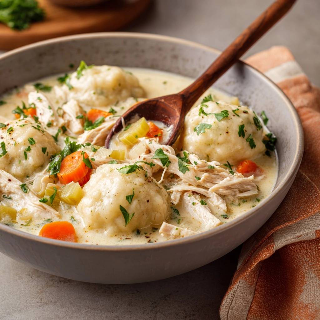 Creamy homemade chicken and dumplings served in a bowl with a wooden spoon lifting a spoonful.