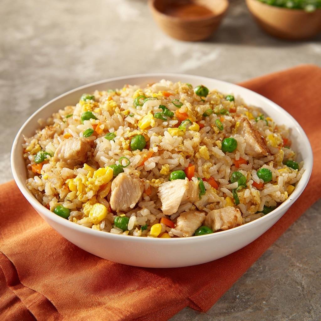 Classic chicken fried rice served in a white bowl, showcasing chicken pieces, peas, and carrots.