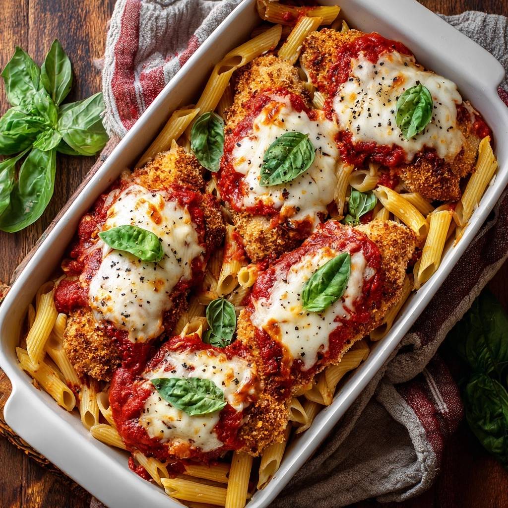 Chicken Parmesan baked in a casserole dish with penne pasta and fresh basil garnish.