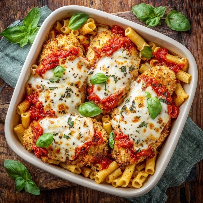 Crispy baked chicken parmesan with melted cheese and marinara sauce in a pasta casserole, viewed from directly above.