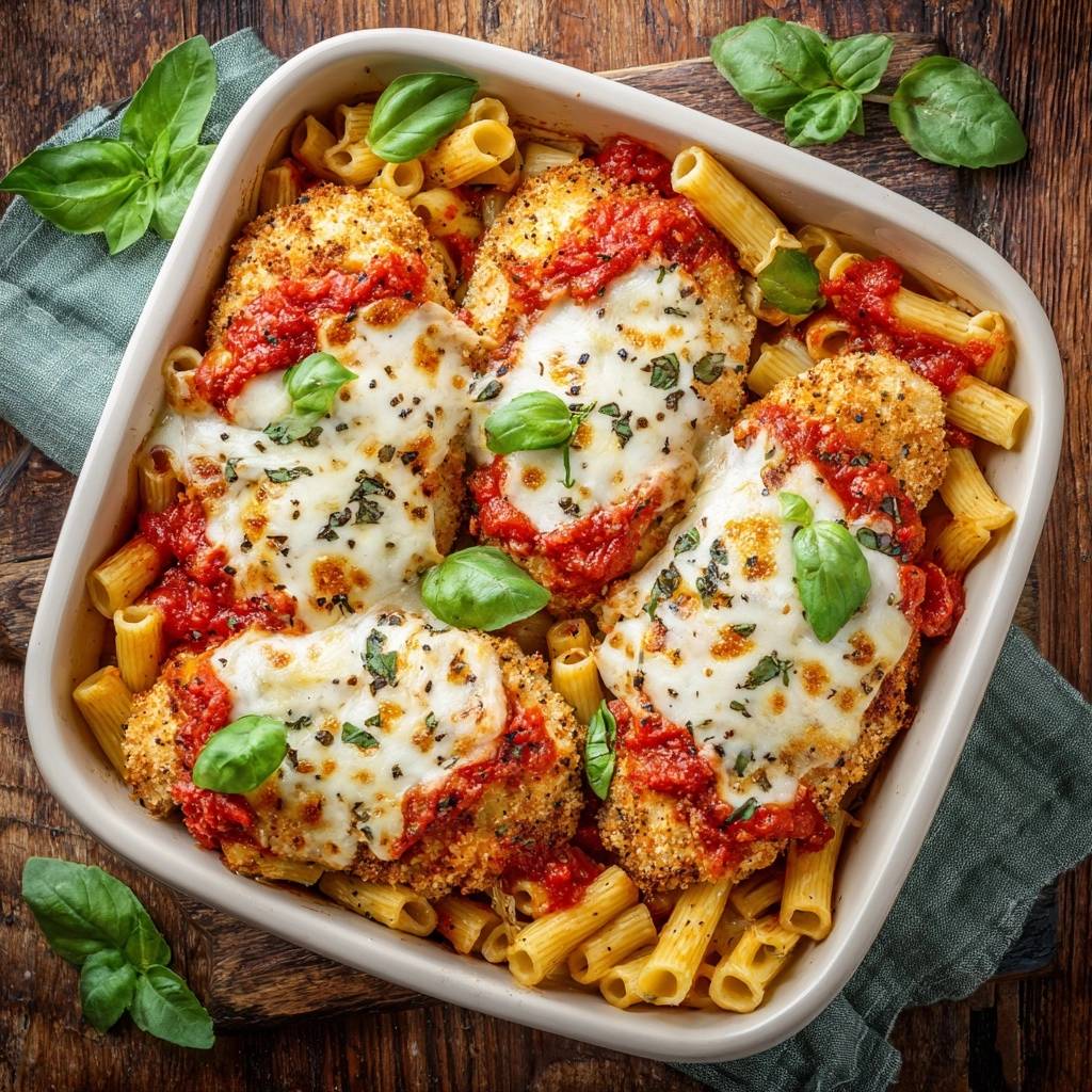 Crispy baked chicken parmesan with melted cheese and marinara sauce in a pasta casserole, viewed from directly above.