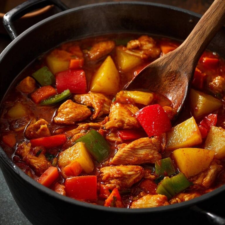 Hearty chicken and potato stew in a black pot being stirred with a wooden spoon, showing chunks of chicken and vegetables.
