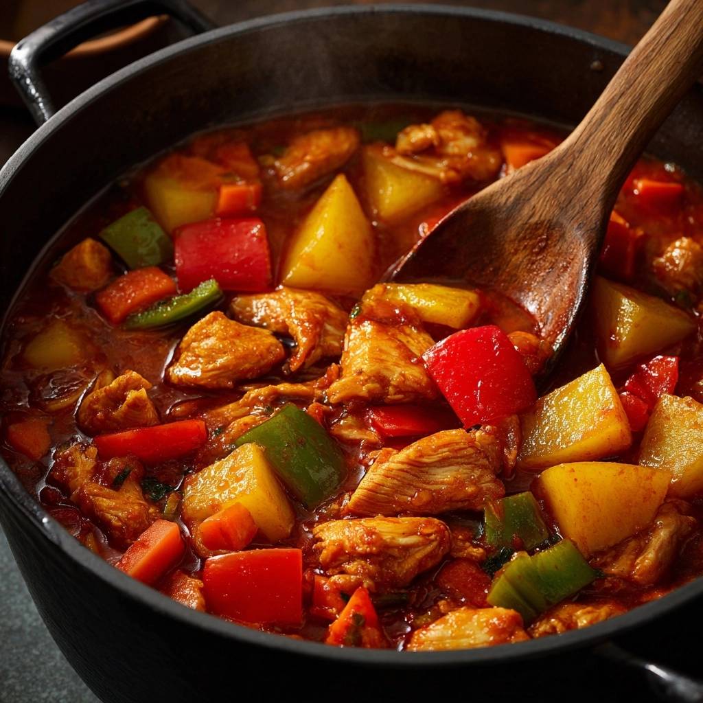 Hearty chicken and potato stew in a black pot being stirred with a wooden spoon, showing chunks of chicken and vegetables.