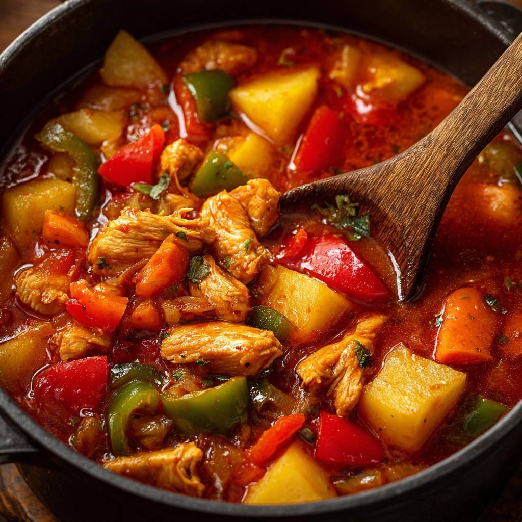 Hearty chicken and potato stew being served with a wooden spoon, showing chunks of chicken, potatoes, and bell peppers.