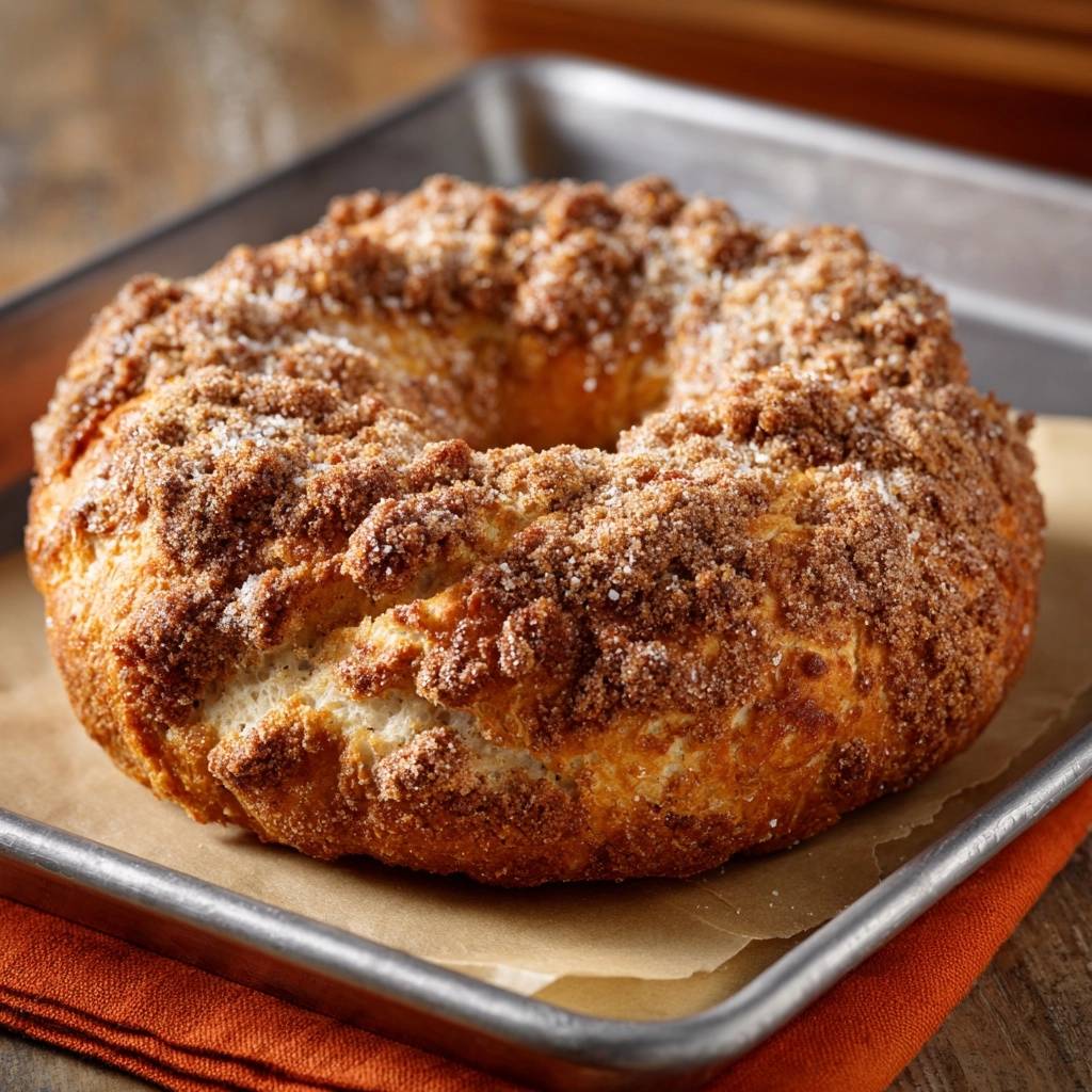 Cinnamon streusel coffee cake with a detailed view of its textured, sugary crumb topping.
