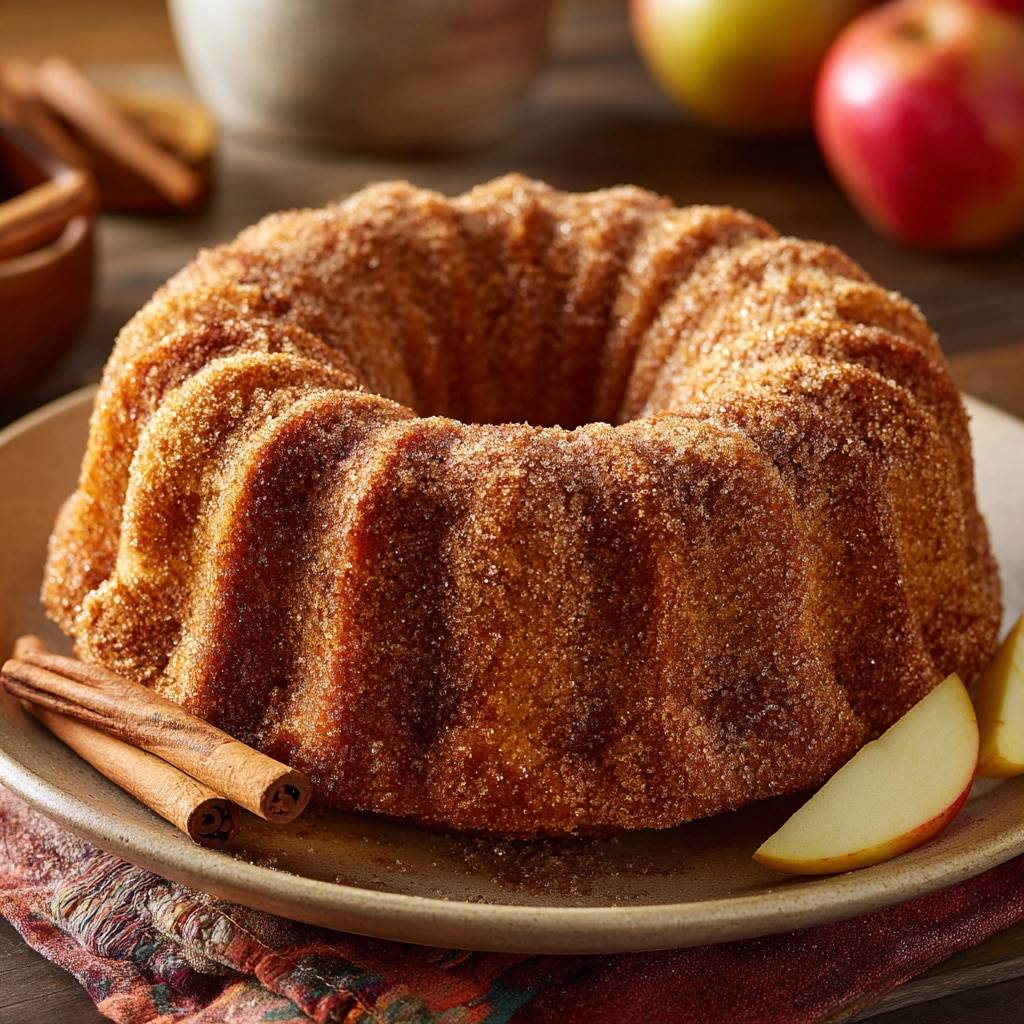 Cinnamon sugar apple bundt cake with a detailed view of its textured, cinnamon-sugar-crusted exterior and grooved sides.