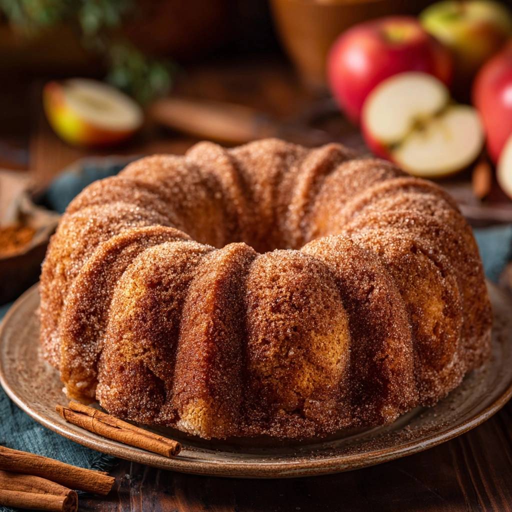 Cinnamon sugar apple bundt cake with a rustic, textured coating and cinnamon sticks on the side.