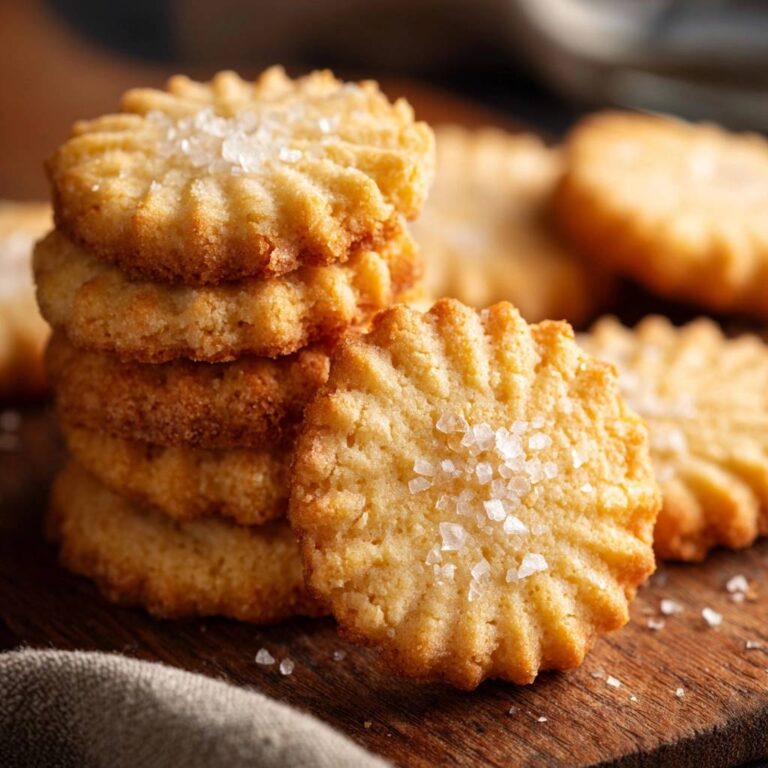Classic buttery shortbread cookies sprinkled with coarse sea salt on a wooden board, showcasing a detailed texture.