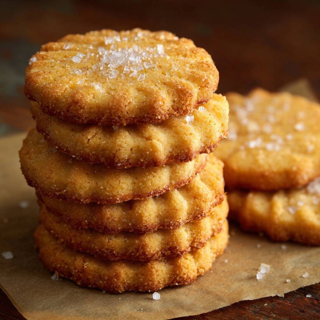 Classic buttery shortbread cookies stacked high and sprinkled with coarse sea salt, showcasing their textured edges.