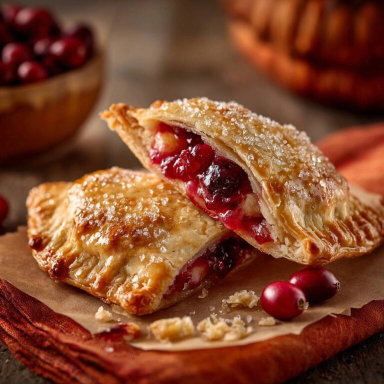 Cranberry apple hand pies, one shown in a close-up cross-section revealing the sweet fruit filling and flaky crust.