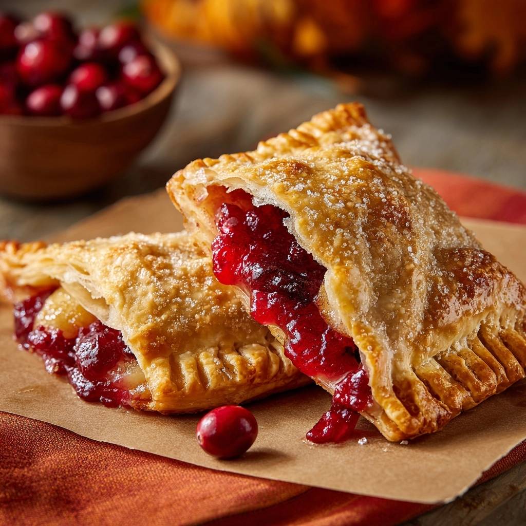 Cranberry apple hand pies cross-section showing flaky pastry and gooey red filling, with a whole cranberry in front