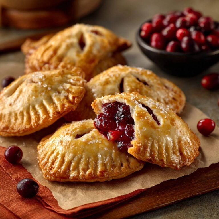 Flaky cranberry hand pies with a close-up cross-section revealing the berry filling and sparkling sugar topping.