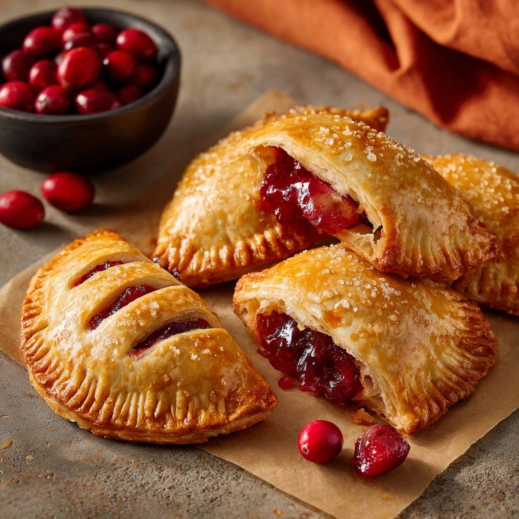 Flaky cranberry hand pies with a close-up cross-section showing the filling and a sparkling sugar topping.
