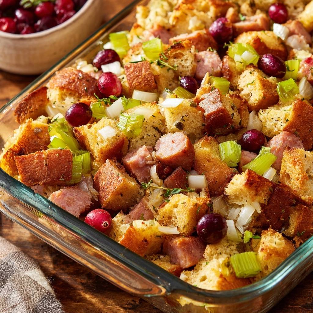 Cranberry sausage stuffing baked in a glass dish, featuring cubed bread, sausage, and cranberries.