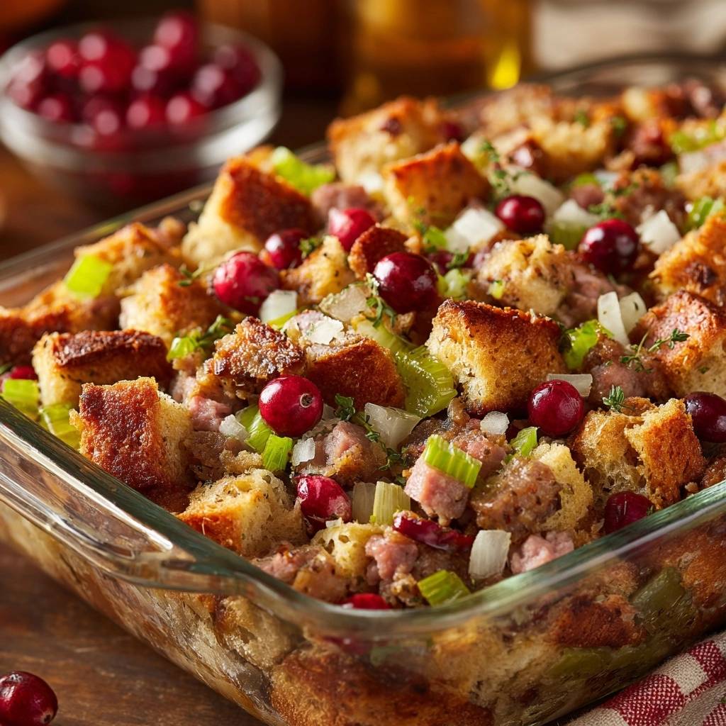 Cranberry sausage stuffing in a glass baking dish, showing a close-up view of the bread cubes, cranberries, and sausage.