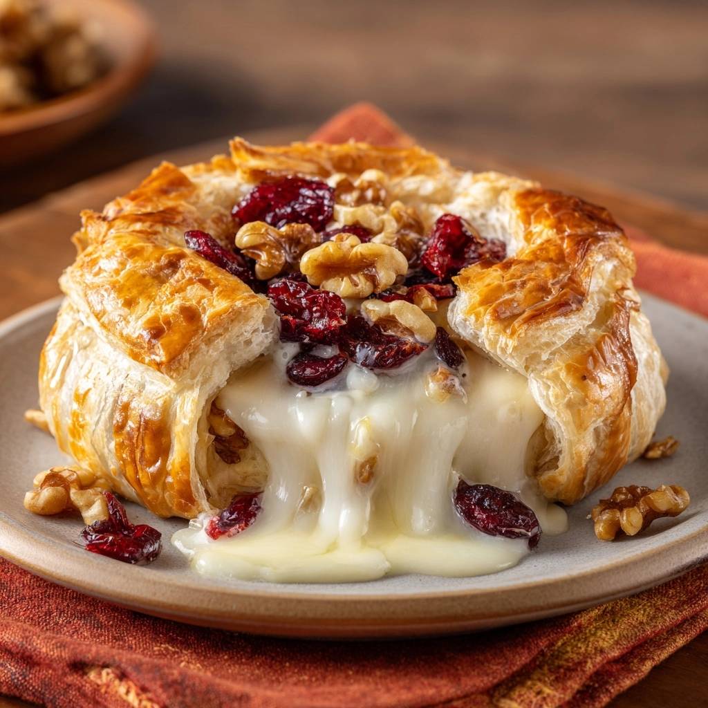 Cranberry walnut baked brie oozing with gooey melted cheese, a golden puff pastry crust, and toasted walnuts.