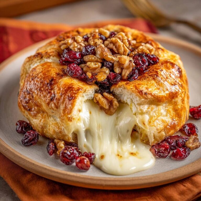 Cranberry walnut baked brie with a gooey cheese melt spilling out from the golden crust.