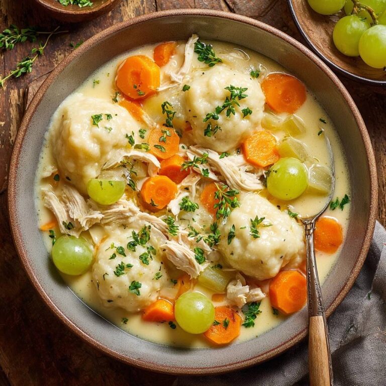 Creamy chicken and dumplings served in a rustic bowl, featuring fluffy dumplings, carrots, chicken, and grapes.