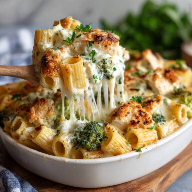 Creamy chicken and broccoli pasta bake with a cheesy pull, showcasing the delicious baked pasta dish.
